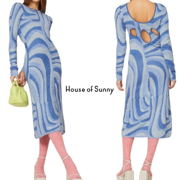 House of Sunny NWT Blue Moon Swirl Cutout Sweater Midi Dress - Sea Blue - Size 8 - Picture 1 of 13